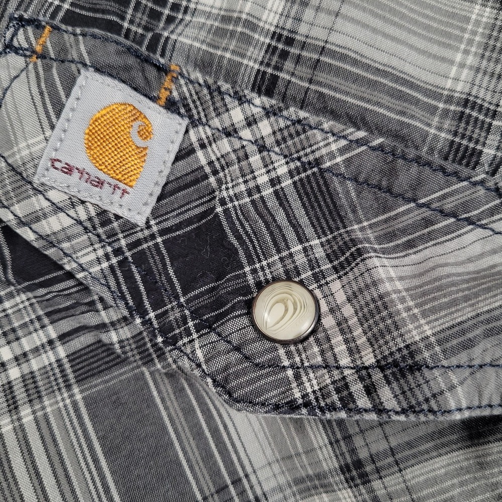 Carhartt Shirt Mens 3XL Black Plaid Pearl Snap Relaxed Fit Stretch Short Sleeve